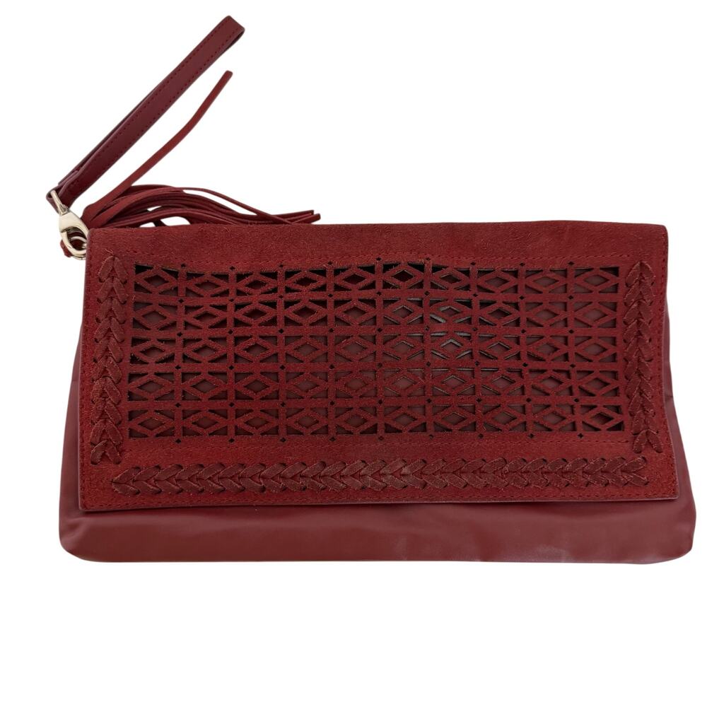 WHBM Red Boho Tassel Laser Cut Suede / Leather Clutch Wristlet Western Tassel - Picture 2 of 9
